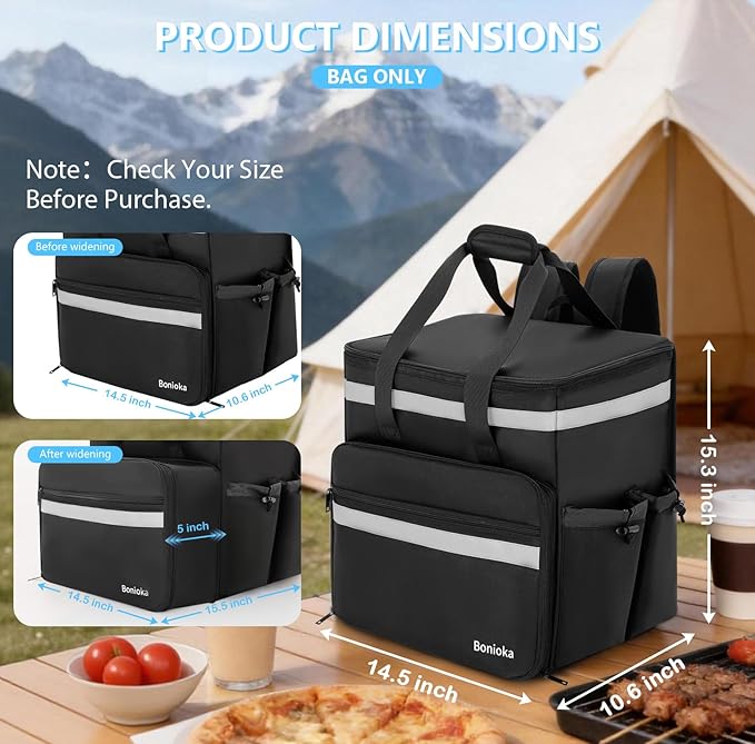 Food Delivery Bag Expandable Delivery Backpack with 4 Cup Holders Large Insulated Pizza Bag for Hot/Cold Food Reflective Bike Courier Backpack Fits Uber Eats DoorDash Grubhub Camping Black