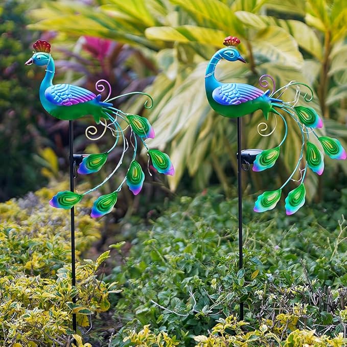 DREAMSOUL 2 Pack Metal Peacock Solar Lights Outdoor Waterproof LED Solar Lights Decorative Garden Stakes for Yard Pathway Peacock Decor