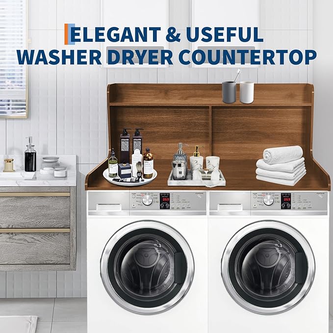 2 Tier Washer Dryer Countertop with Shelf54x27.5in Waterproof Wood Organizer Rack with StorageSpace-Saving Leader for Laundry RoomWalnut