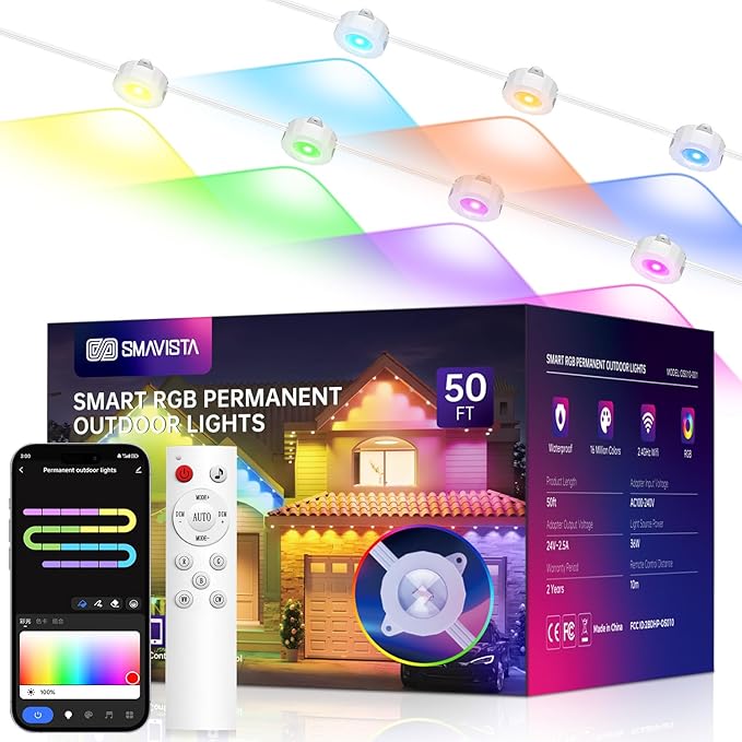 Smart Permanent Outdoor Lights 50ft with 36 LED RGB String Lights IP67 Waterproof Eaves Light with 44 Scene Modes for Halloween Christmas Birthday Holiday Party APP/Voice/Remote Control