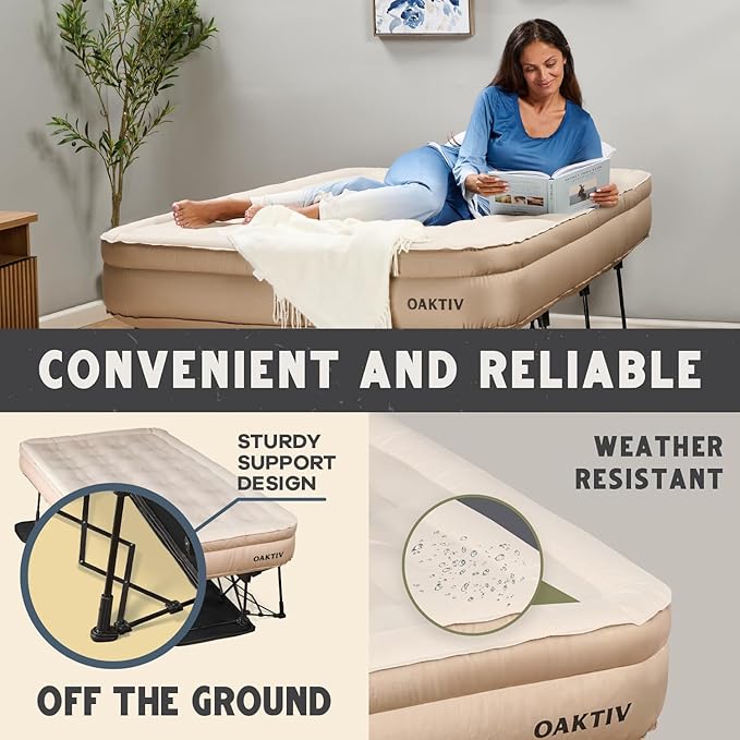 Twin Air Mattress with Frame Self Inflating/Deflating Bed for Adults - PeakRest Blow Up Bed Camping Cot with Mattress for Adults - Portable Twin with Travel Rolling Case on Wheels