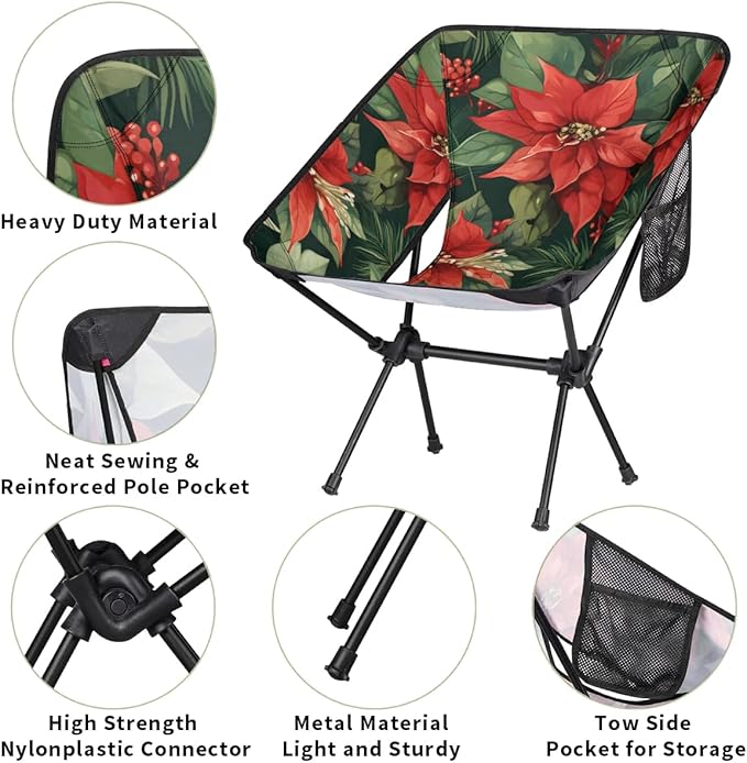 Portable Camping Chair Holly Berry Flowers Ultralight Folding Camping Chair Christmas Flowers Backpacking Hiking Chair with Cup Holder for Outdoor Travel Beach Picnic Festival 176 lbs Capacity