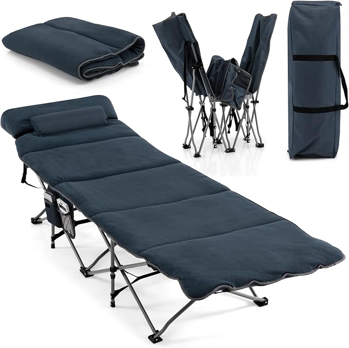 Tangkula Camping Cot for Adults Folding Sleeping Cot with Removable Mattress Pillow Side Pocket Portable Indoor Outdoor Cot Bed with Carry Bags for Travel Camp Office Home (Blue)