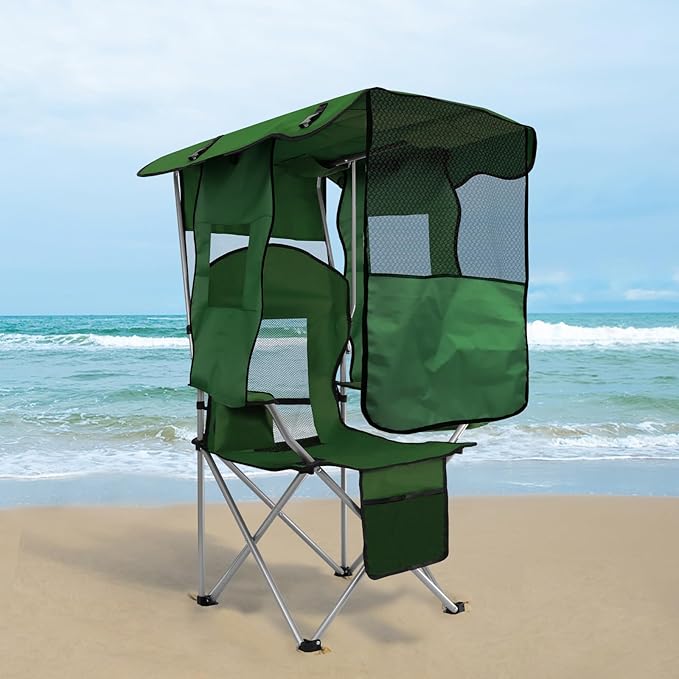 ptlsy Folding Camping Chair with Canopy Beach Chair with Canopy Shade with Cup Holders Cooler Bag for Camping Fishing Beach Sports and Concert (Green)