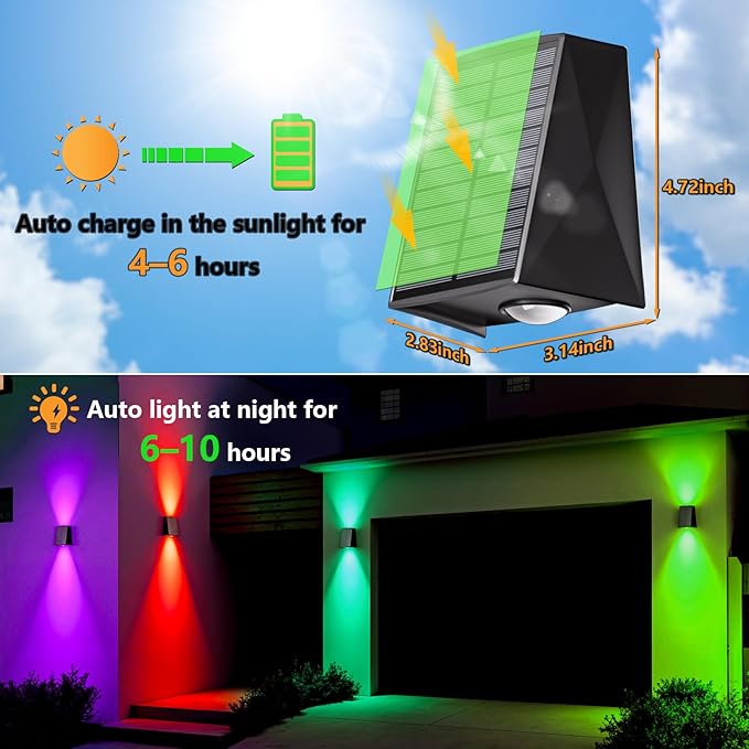 6 Pack Color Changing Solar Wall Lights Outdoor Waterproof Up and Down 2 LED RGB and Cool White Sconce Decor for Fence Stair House Patio Porch Yard Garden Garage and Pool Wall Mounted Install