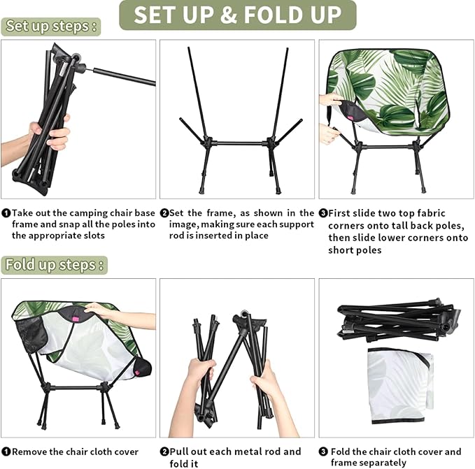 Honeybaby Folding Camping Chair Tropical Palm Leaf Print Camping Chairs Lightweight Portable Chair Outdoor Foldable Chairs for Camping Travel Picnic Beach Hiking