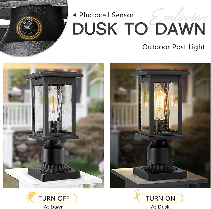 Emliviar Dusk to Dawn Post Light Outdoor 1-Light Exterior Pole Lamp for Porch Outside Pillar Lantern with Photocell Sensor Black Finish with Seeded Glass 1803EW1-P PC