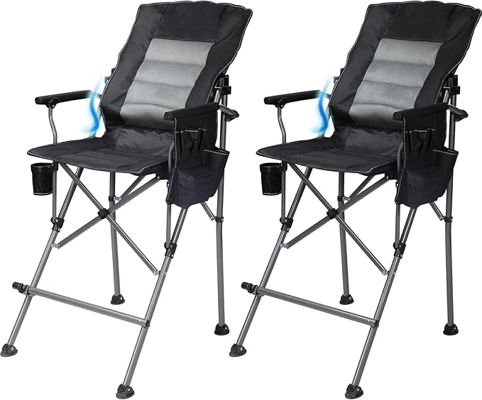 Extra Tall Folding Chairs for Adults 330lbs with Adjustable Backrest Portable Bar Height Foldable Director Chairs with Lumbar Support Comfortable with High Back and FootrestBlack2Pack