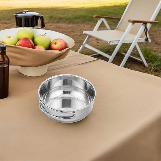 Outdoor Camping Bowls Set Stainless Steel Foldable Handle 650ml Large + 500ml Small Portable Hiking Cookware for Picnic Backpacking Outdoor Tableware