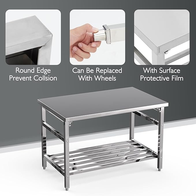48 x 30 Inch Stainless Steel Prep Table Commercial Worktables &amp Workstations with Adjustable Undershelf Heavy Duty Folding Kitchen Island for Restaurant Kitchen Laundry