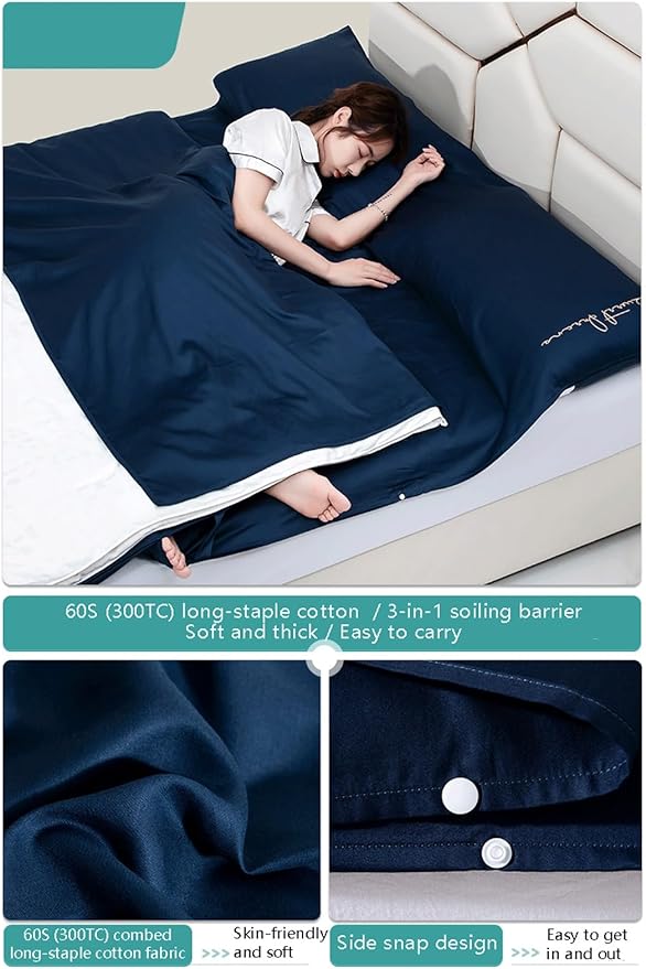 RUZGAR Sleeping Bag Liner Large Small Sized Travel Sheet 300 Thread Count Long Staple Cotton Ultra Lightweight Sleep Liner Single Double Travel Bed Sheet (Color : Blue B Size : 180x210cm-70x82)