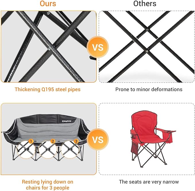 KingCamp 3 Person Camping Chair Oversized 660lbs Heavy Duty Loveseat for Adults Portable Folding XL 2 Person Couch Padded Comfortable Three Seat with Cup Holder for Outdoor Lawn Khaki/Coffee