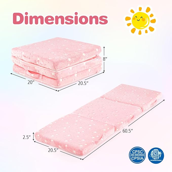 Costzon Foldable Pink Floor Mattress for Kids Glow in The Dark Toddler Floor Nap Mat w/Flannel Cover Tri-Folding Children Floor Bed for Sleeping Daycare Playroom School Kindergarten or Nursery