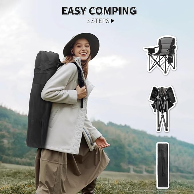 2 Pack Padded Oversized Camping Chairs for AdultsHeavy Duty Support 400 LbsFolding Portable Lawn Chair w/Cup HolderCooler BagSide PocketPerfect for Outdoor PicnicHiking(Black)