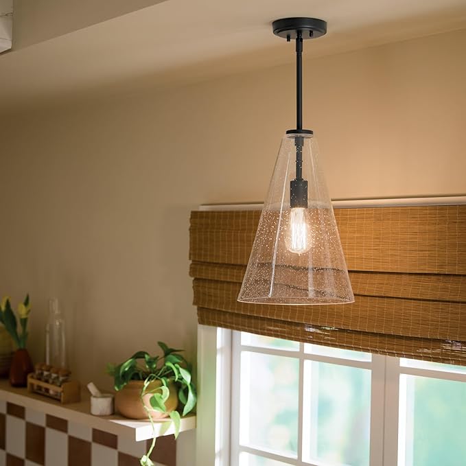 Everly 13.75 1-Light Bell Pendant with Clear Glass in Black for a Kitchen Island Dining Nook or Home Bar (13.75 x 7) 42456BK