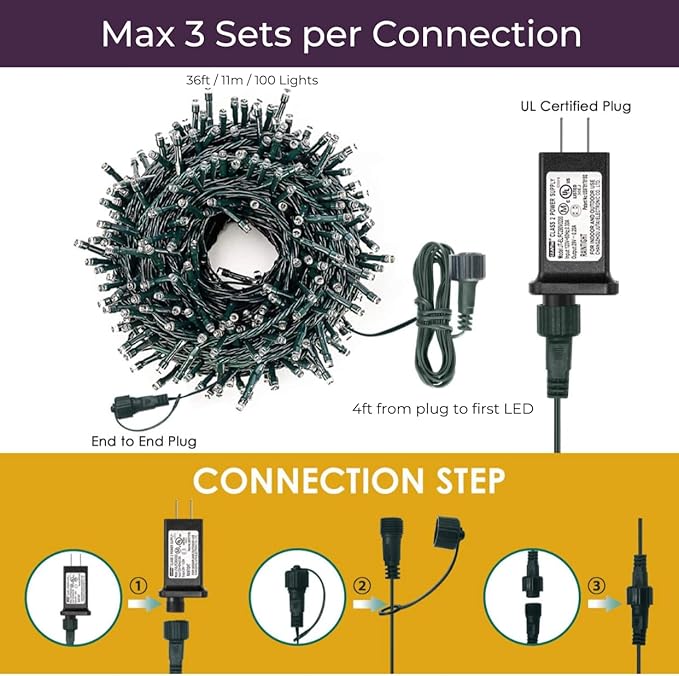 Soft Twinkle Magic Lights (100 LED Warm-White Green wire) SENSORY FRIENDLY Plug-in Connectable Waterproof Holiday wedding