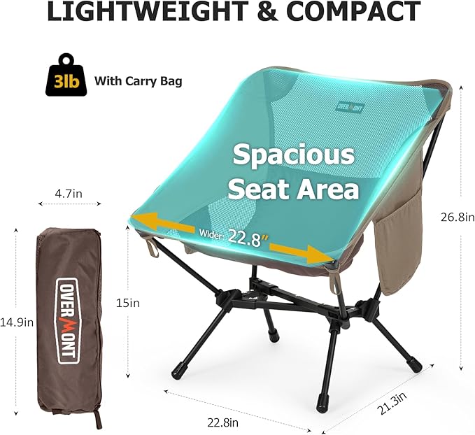 Overmont Ultralight Portable Camping Chair- Lightweight Folding Backpacking Chair Support up to 330Lbs Compact Beach Chair for Adults with Carry Bag for Backpack Hiking Fishing Outdoor Camp Travel