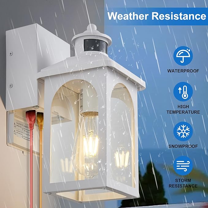 Porch Light with GFCI Outlet: Motion Sensor Porch Lights Outdoor with Remote Control Dusk to Dawn Exterior Lighting Fixtures White Modern Outdoor Wall Lights for House Garage Patio Front Door