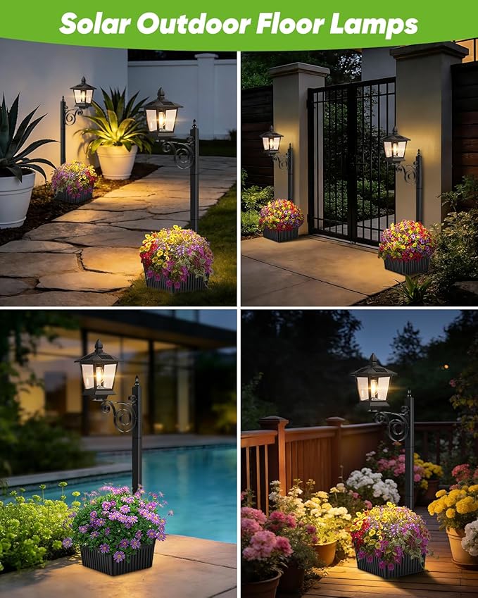 2 in 1 Outdoor Flower Pots 35” Solar Lamp Post Light with Planter Metal Pole &amp IP65 Waterproof Freestanding Outdoor Planters Decorative Solar Lamp for Outside Front Door Yard 1-Pack
