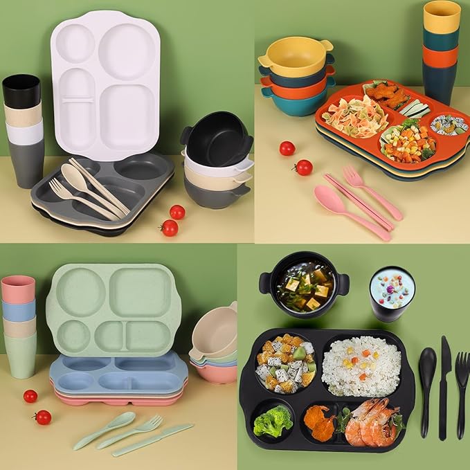 24 Pcs Wheat Straw Dinnerware Cutlery SetsUnbreakable Divided Plates Bowls Cups Spoon Knife Fork for 4 PeopleMicrowave Dishwasher Safe Tableware Cutlery for Party and Daily UseMix Color 1