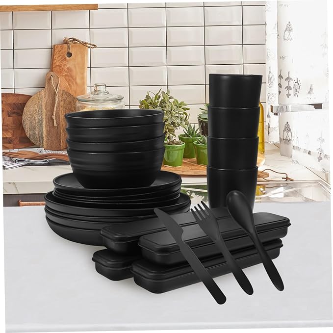 4sets Black Camping Dishes Utensil Picnic Lunch Box Fork Spoon Knife Bowl Cup Reusable Easy Clean Fine Dining