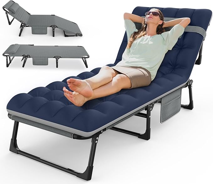 Suteck Folding Camping Cot Adjustable 5+2 Positions Reclining Portable Outdoor Cot Heavy Duty Sleeping Bed Cots w/Pillow Mat Carry Bag Chaise Lounge Chair for Home Office Nap Beach Pool Patio Travel