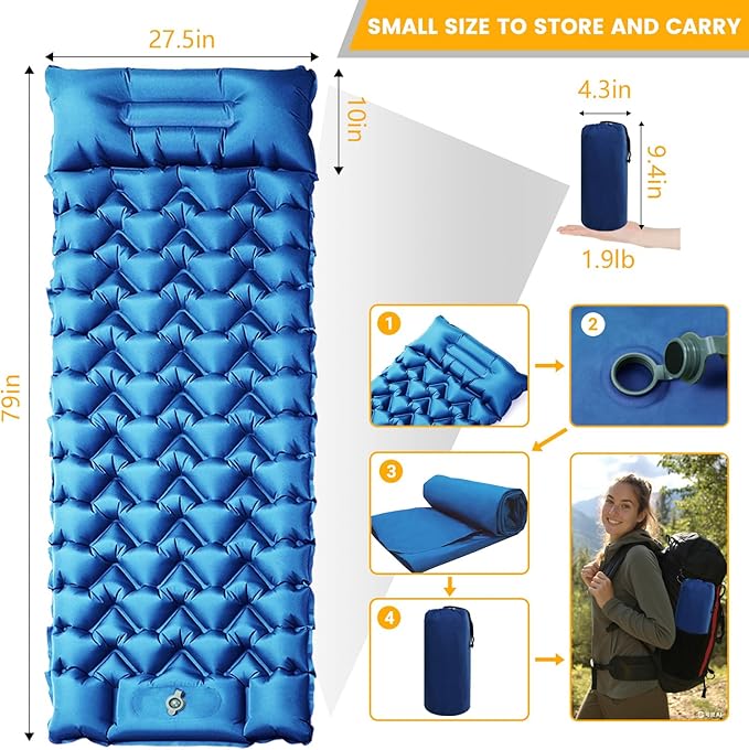 Sleeping Pad Compact Sleeping Pad for Camping with Pillow Built-in Foot Pump Inflatable Sleeping Mat for Travel Backpacking Hiking Sleeping Bag Tent Outdoor Adventure Camp Gear