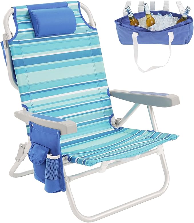 SUNNYFEEL Low Beach Chairs for Adults 5 Position Lay Flat Portable Folding Backpack Beach Chair Heavy Duty with Cooler Bag Cup Holder for Outdoor/Lawn/Picnic/Sand Foldable Camping Chair