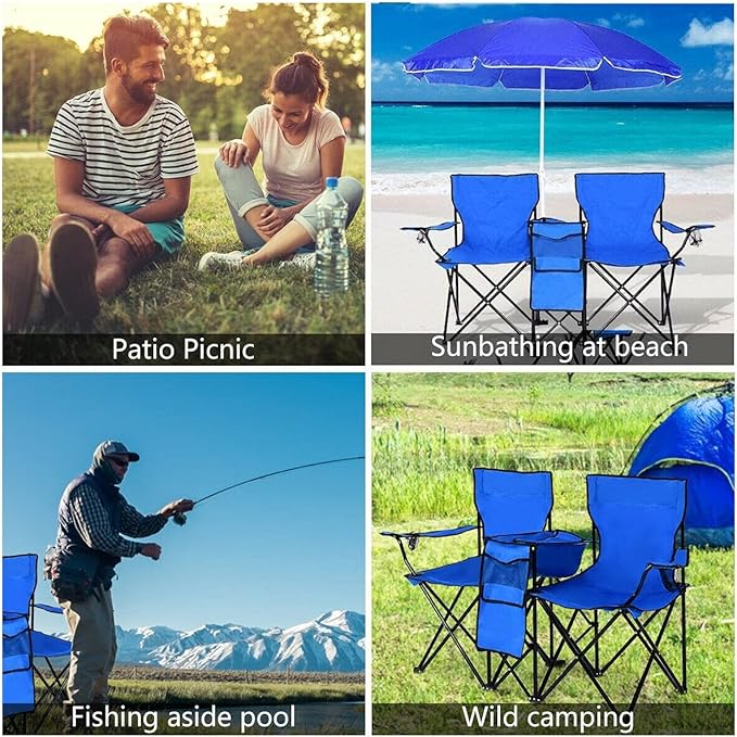 FFlyer Folding Camping Chair 2-Seater Beach Chair w/Umbrella &amp Ice Bag &amp Cup Holder &amp Carrying Bag Double Camp Chair w/Steel Frame &amp Oxford Fabric Portable Chair Ideal for Picnic/Pa