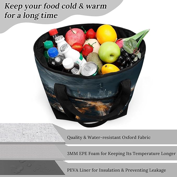 Insulated Shopping BagLarge Reusable Cooler Bags City Night View Printed Foldable Shopping BagTravel Waterproof Shoulder Bag