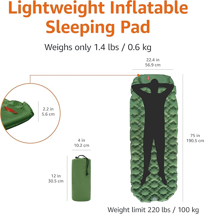 Amazon Basics Camping Sleeping Pad with Quick-Inflate Built-in Foot Pump Water Resistant Ultralight Portable for Hiking and Backpacking Olive Green
