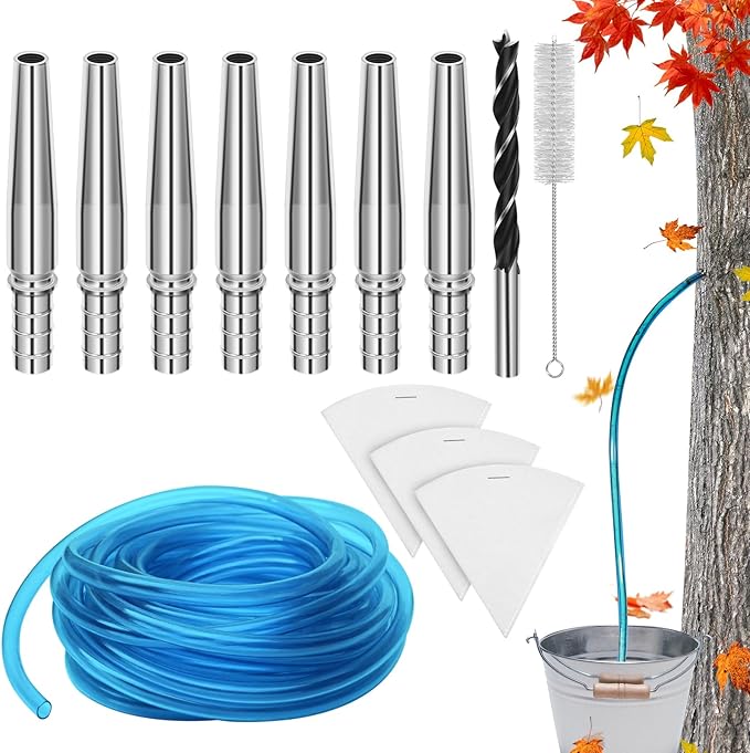 13Pcs Maple Syrup Tree Tapping Kit Include 7 Stainless Steel Maple Taps22.9ft Maple Syrup Tubing3 Maple Sap Filter1 Cleaning Brush1 Maple Tap Drill Bit for Maple Syrup Collection Supplies
