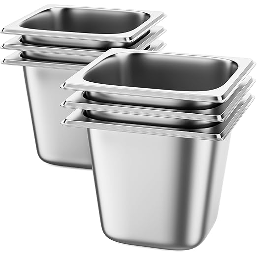 6 Pack Hotel Pans 1/6 Size 6 Deep Steam Table Pan 22 Gauge Anti Jam Stainless Steel Hotel Food Pan