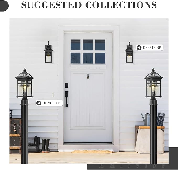 Emliviar 16 Inch Outdoor Lamp Post Light Fixture Modern Outdoor Pillar Light for Outside Waterproof Aluminum in Black Finish Seeded Glass DE281P BK