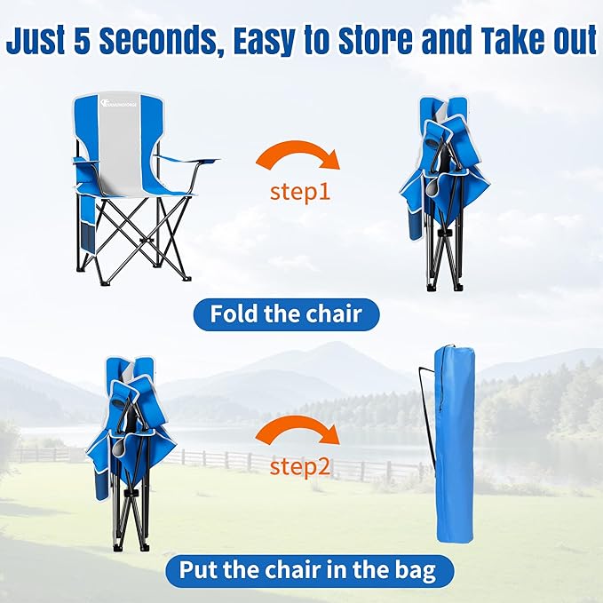 Oversized Folding Camping Chair 500lbs Bearing Capacity Portable Lawn Camping Chair for Adult Outdoor Camping Chair with Wider Cup Holder and Side Pocket for Hiking Fishing Sports