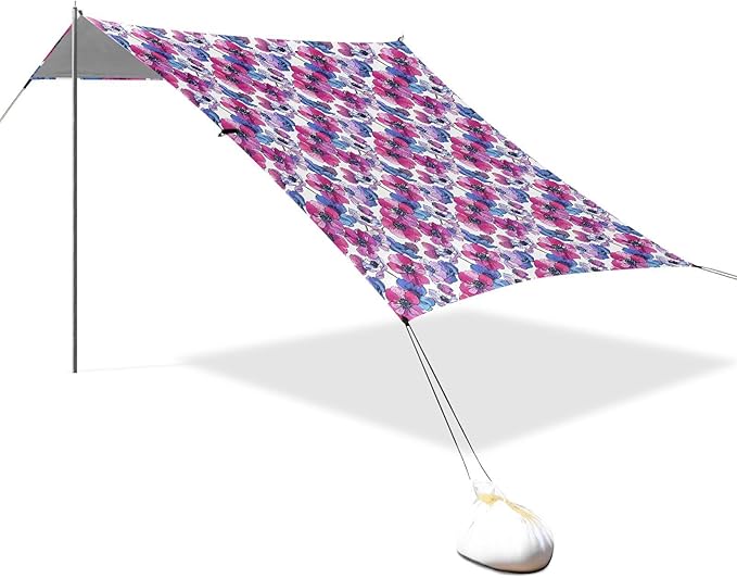 ALAZA Anemone Flower Pink &amp Purple Beach Tent Sun Shelter UPF50+ Protection Beach Shade Canopy w/ 4 Sandbags for Outdoor Camping Fishing Backyard Fun Picnic 10x9 ft
