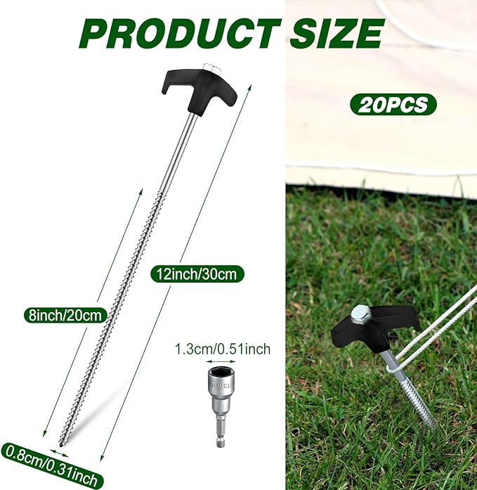 Hicarer 20 Pcs 12 Inch Tent Stakes Screw in Camping Stakes Heavy Duty Metal Spikes Ground Anchor Peg Threaded Tent Spikes with Hex Head Driver for Camping Garden Inflatable (Black)