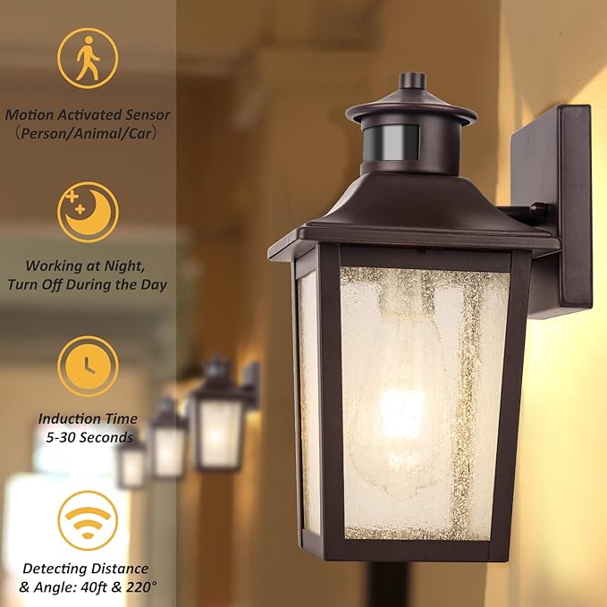Oil Rubbed Bronze Motion Sensor Outdoor Lights 2 Packs - Waterproof Dusk to Dawn Outdoor Lighting Brown Exterior Garage Light Fixture Porch Light Outside Wall Mount for House Front Door Anti-Rust