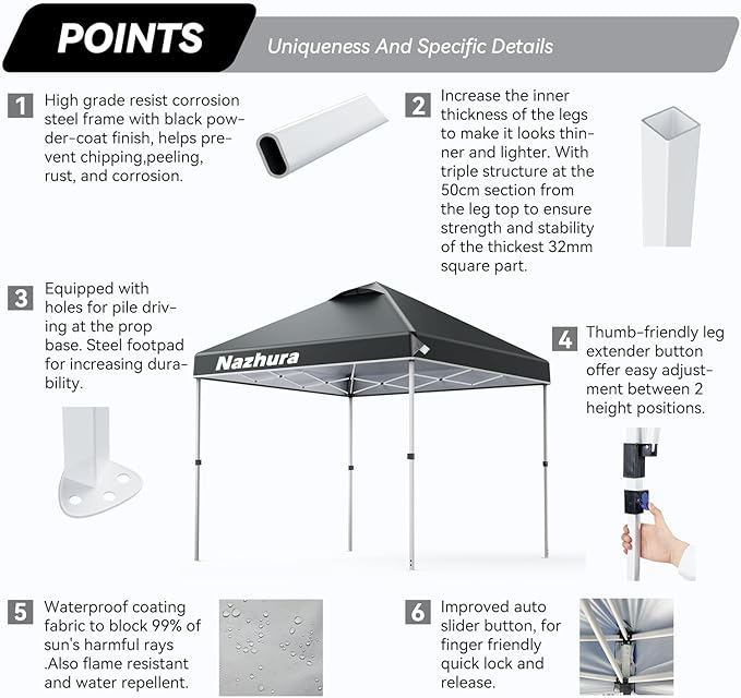 Nazhura 10' x 10' Pop Up Canopy Tent with Sand Weight Bag Awing for Patio Freestanding Sun Shelter for Picnic and Camping One Person Setup White (Grey)