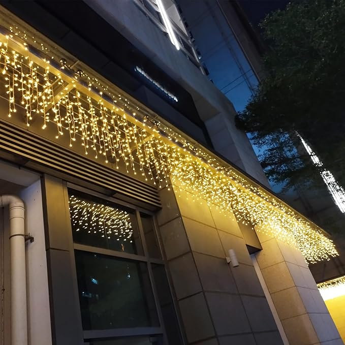 ZIMINGU Icicle Lights Outdoor 32.8 FT 400 LED 8 Modes Christmas String Fairy Lights with 80 Drops Twinkle Waterproof Connectable for Roof Balcony Business Park Decor Warm White 10M