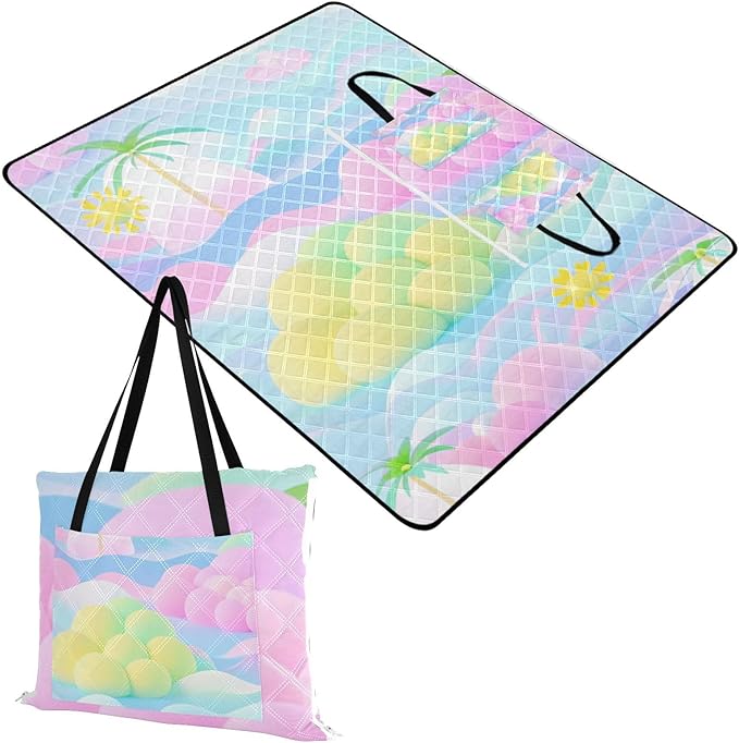 Outdoor Blanket Packable Beach Waterproof Blanket for Family Concert Blankets Cartoon Cute Blue Pink Flowers 60x80in