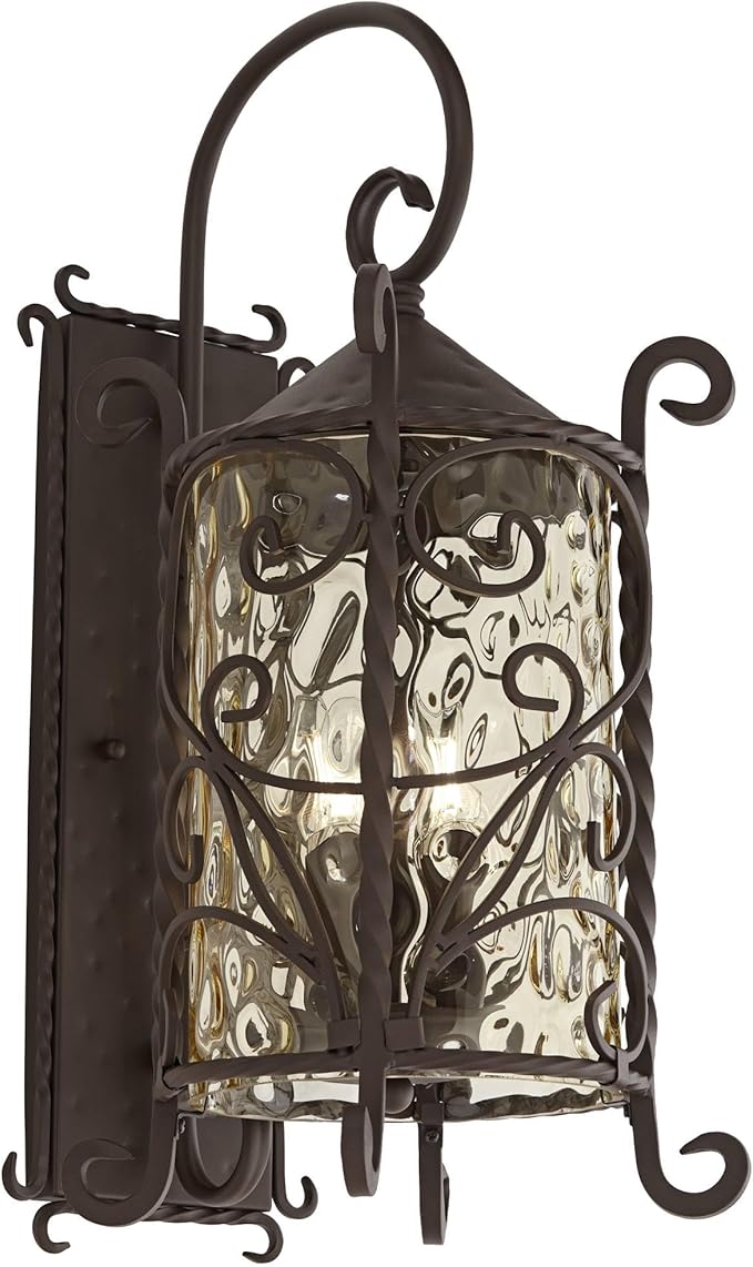 John Timberland Casa Seville Rustic Outdoor Wall Light Fixture Lantern Dark Walnut Iron Scroll 23 3/4 Hammered Glass Decor for Exterior House Porch Patio Outside Deck Garage Front Door Home