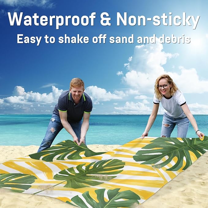 Waterproof Sandproof Beach Blanket 59''×68'' Watercolor Tropical Leaves Polyester Outdoor Picnic Blanket with 4 Stakes &amp Storage Bag for BeachCampingVacation