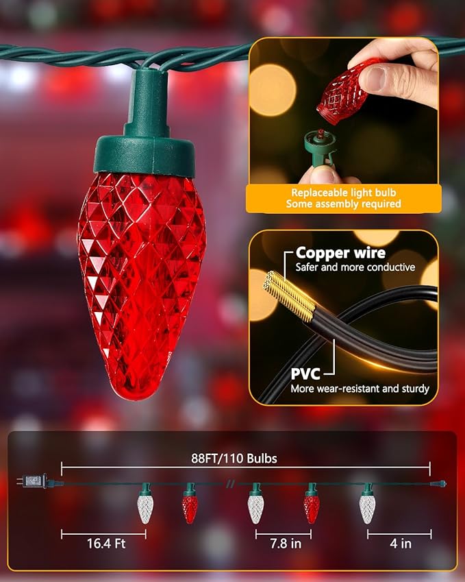 Minetom C9 Christmas Lights Outdoor 88FT 110LED String Lights with 8 Lighting Mode Waterproof Connectable UL Certified C9 Christmas Decorations for Indoor Outdoor Patio Roofline Decor Red＆White