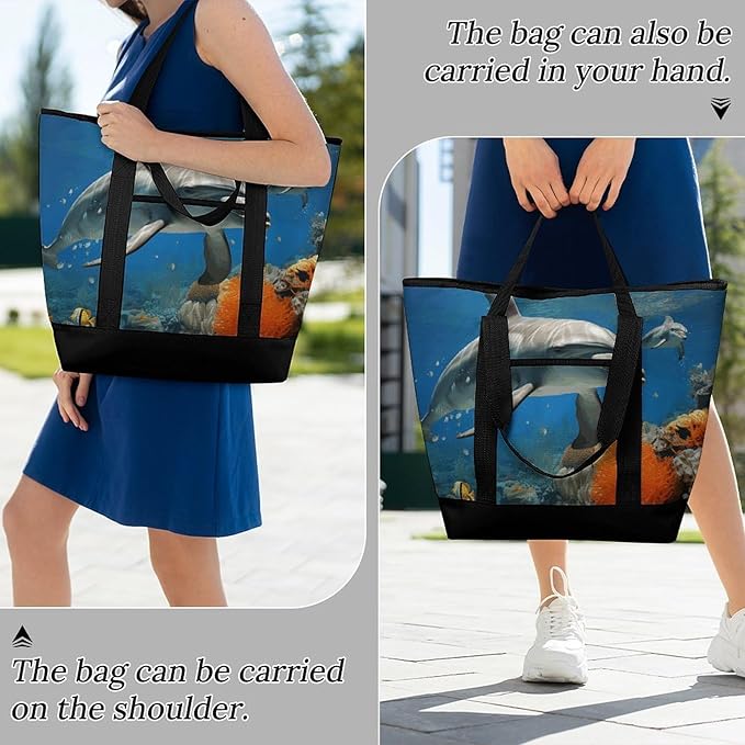 Insulated Shopping BagLarge Reusable Cooler Bags Dolphins Blue Printed Foldable Shopping BagTravel Waterproof Shoulder Bag