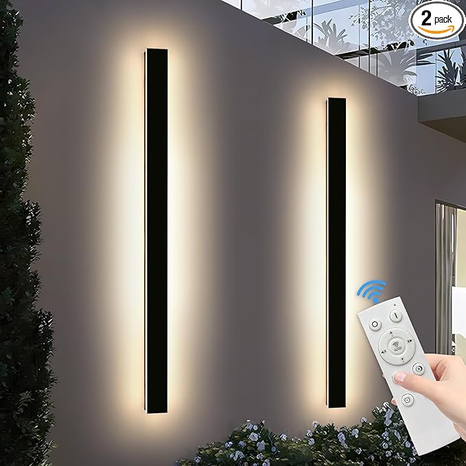 Mikeru 3CCT Dimmable Outdoor Wall Sconce 71 IP65 Waterproof - 2Pack Modern Black Exterior Light with Remote Control Adjustable 3000K/4500K/6000K for Porch Patio &amp Commercial Spaces | Hardwired
