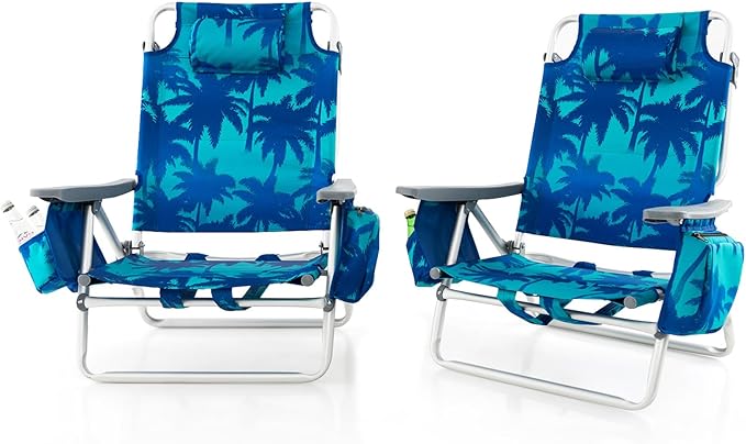 Backpack Beach Chair 5 Position Adjustable Camping Chairs with Head Pillow Cooler Bag Towel Bar Cup Holders Portable 2-Pack Folding Beach Chairs for Adults (Without Table Coconut Tree)