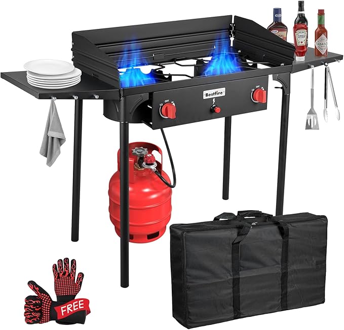 Bestfire 2 Burner Camping Stove with Windscreen&amp Side Shelves Bag Auto Ignition ButtonRegulator150000 BTU High Pressure Camping Stove Propane Burner With Removable Legs for Outdoor BBQ&ampBa