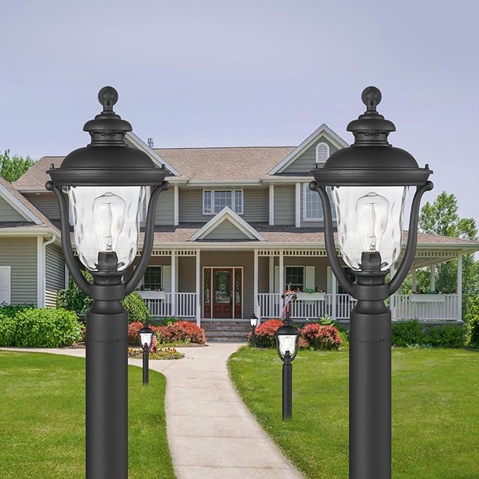 Outdoor Post Lights Modern Exterior Lamp Posts Light Fixtures Waterproof and Anti-Rust Aluminum Outside Pole Latern for Porch Patio Garden Water Ripple Glass Lamp Shade Black Finish