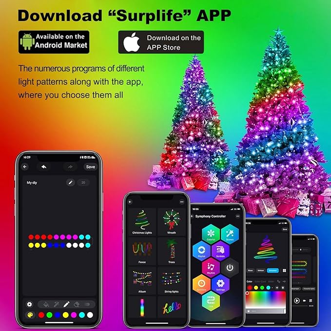 Christmas Tree String Lights Decorations with Ring Smart APP 400 LED Waterfall Lights IP65 Waterproof Multi-Modes with Remote Color Changing for Wedding Yard Party Home Holiday